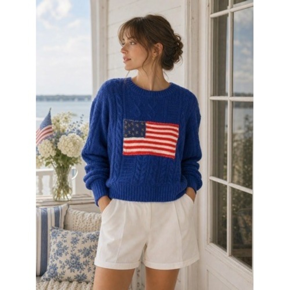 POL‎ Womens Royal Blue Cable Knit American Flag Patch Sweater Large Patriotic